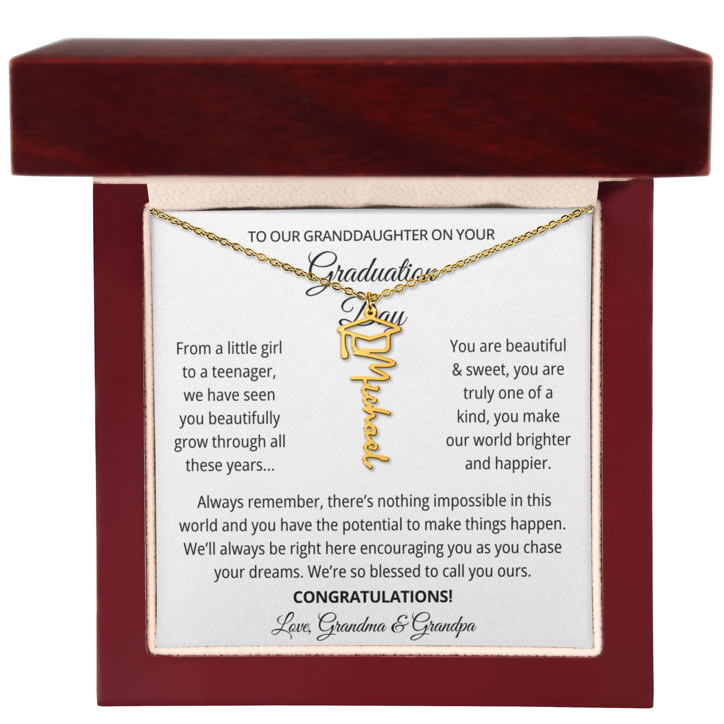 To My Granddaughter Graduation Gift 2026 | Meaningful Graduation Cap Name Necklace from Grandma and Grandpa