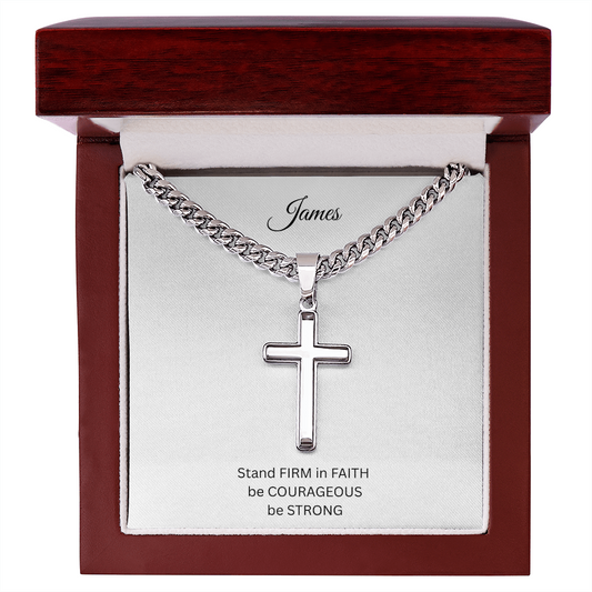Mens Personalized Cross Necklace with Cuban link Chain and Meaningful Keepsake Card