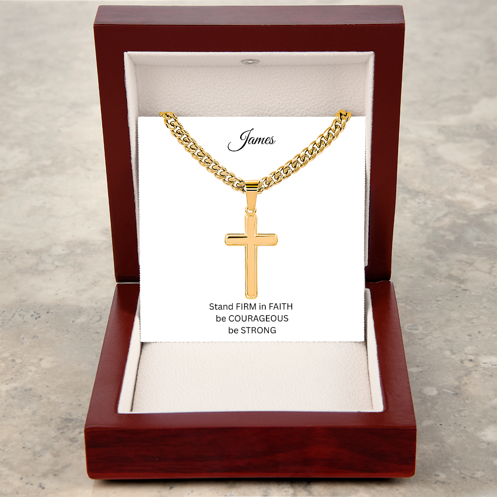 Mens Personalized Cross Necklace with Cuban link Chain and Meaningful Keepsake Card
