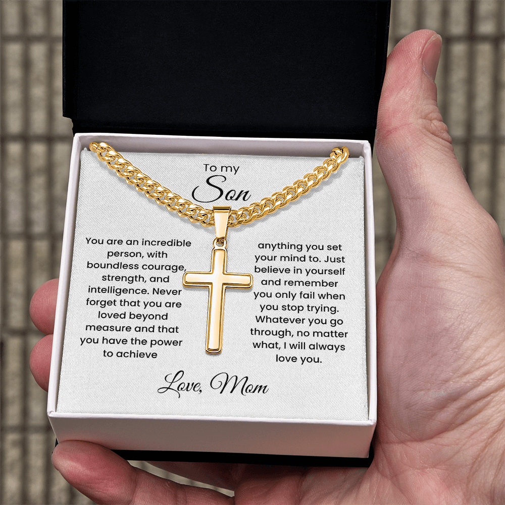 Cross Cuban Link Chain for Son from Mom & Dad With Message Card and Gift Box