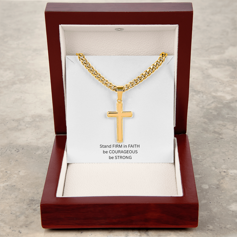 Mens Personalized Cross Necklace with Cuban link Chain and Meaningful Keepsake Card
