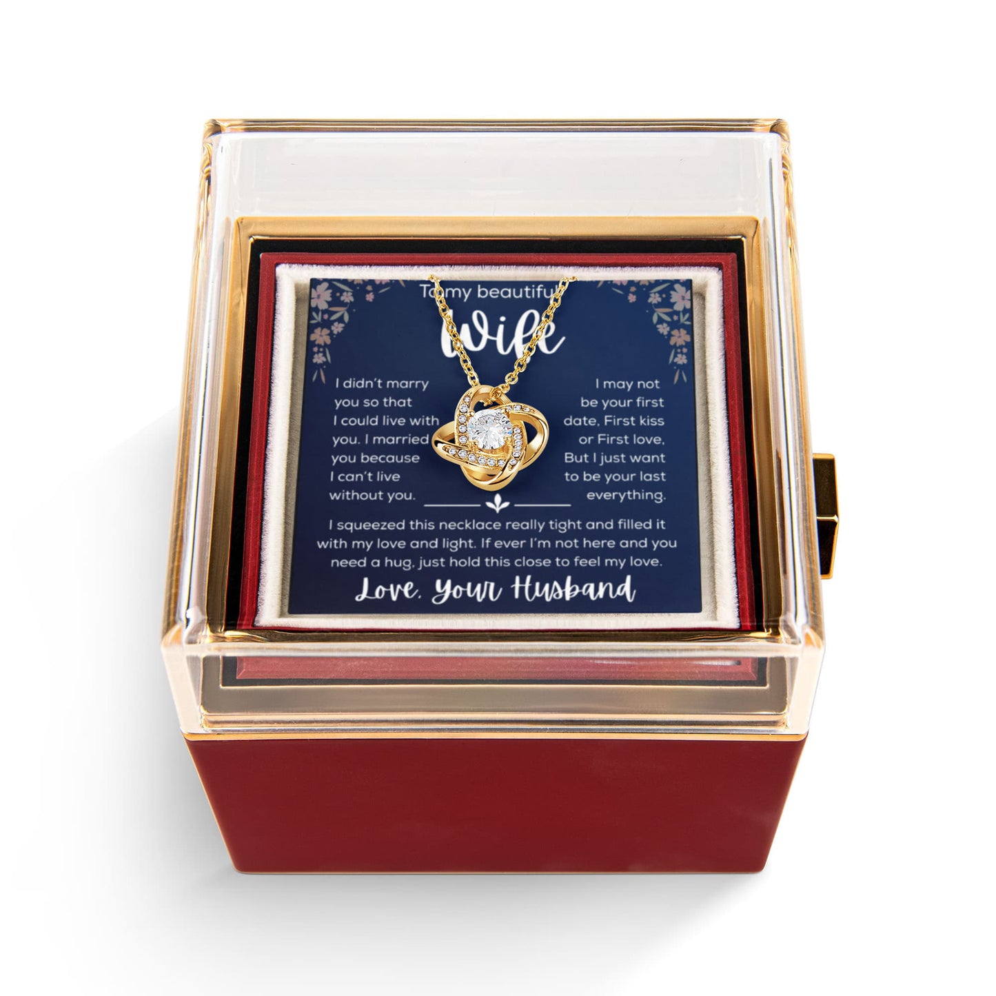 To My Wife Necklace Gift for Wife Anniversary Birthday Message Card Jewelry - Romantic Gift from Husband to Wife - Rotating Rose Box