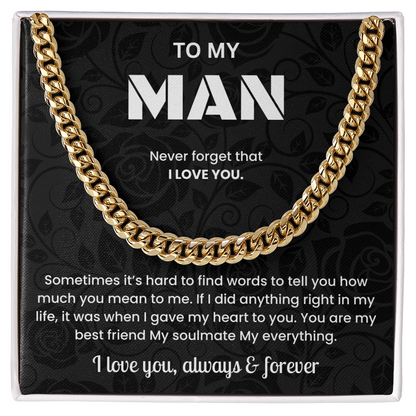 To My Man Cuban Link Chain Necklace Romantic Valentine or Birthday Gift