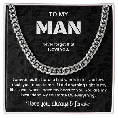To My Man Cuban Link Chain Necklace Romantic Valentine or Birthday Gift