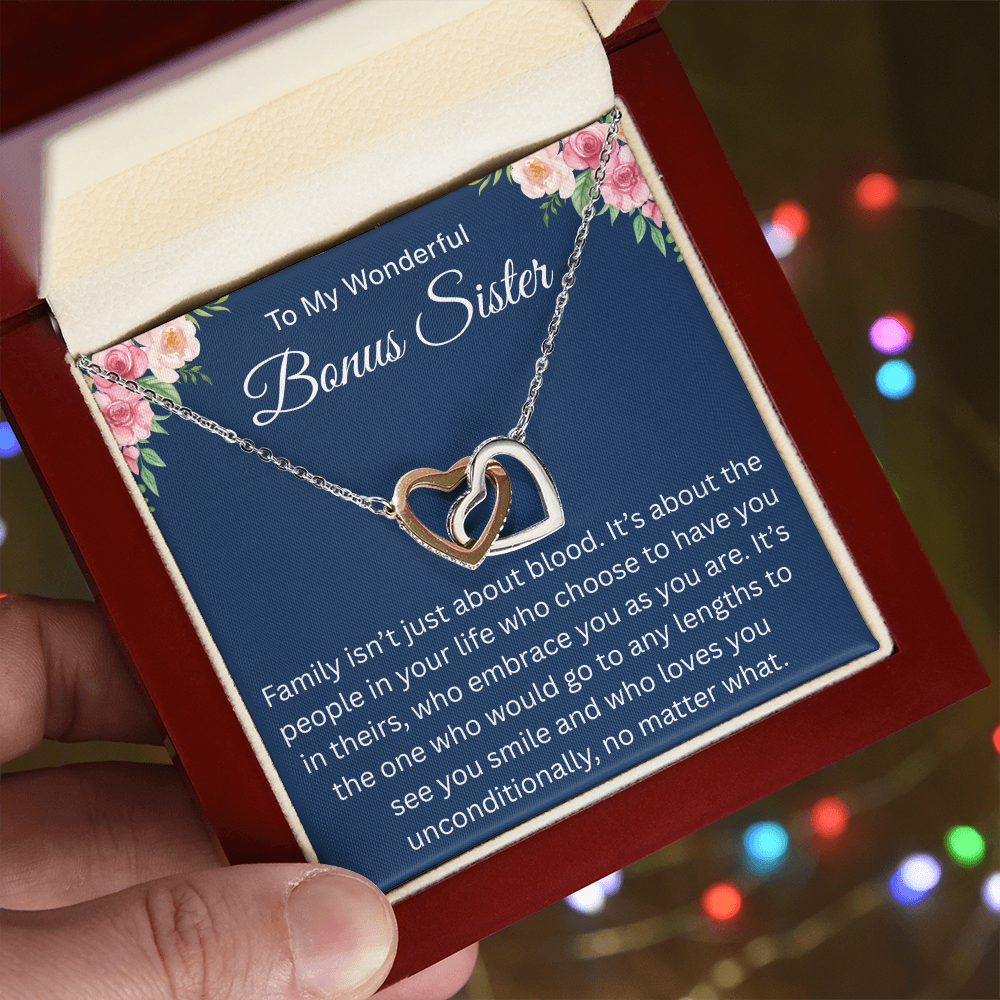 Gift for Her - I Am So Lucky to Have a Bonus Sister Like You - Interlocking Heart Necklace