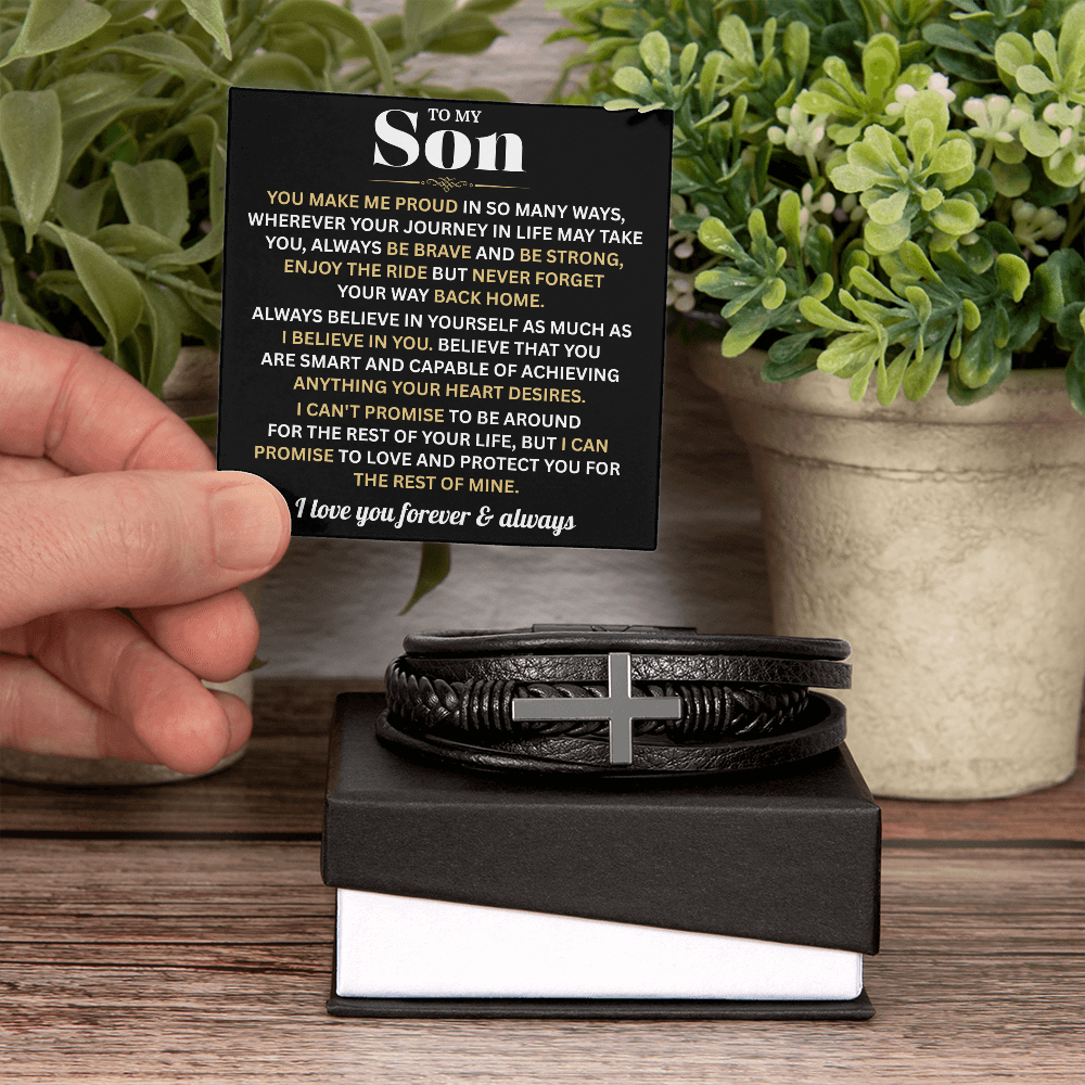 To My Son Bracelet With Heartfelt Message Card & Gift Box Gift From Mom & Dad | Men's Cross Bracelet