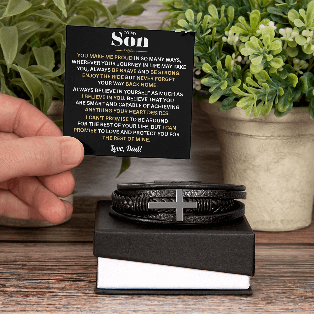 To My Son Bracelet From Dad, Leather Men's Cross Bracelet | Birthday, Graduation Gifts From Parents
