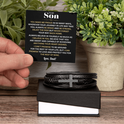 To My Son Bracelet From Dad, Leather Men's Cross Bracelet | Birthday, Graduation Gifts From Parents