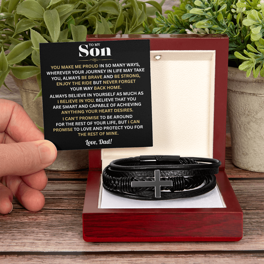 To My Son Bracelet From Dad, Leather Men's Cross Bracelet | Birthday, Graduation Gifts From Parents