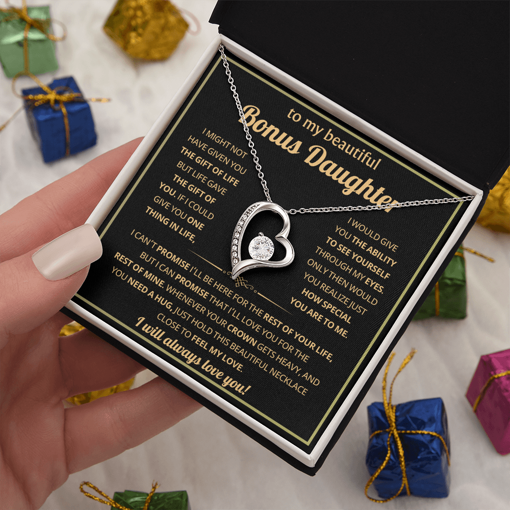 To My Bonus Daughter Necklace Gifts From Dad or Mom, Stepdaughter jewelry with Message Card