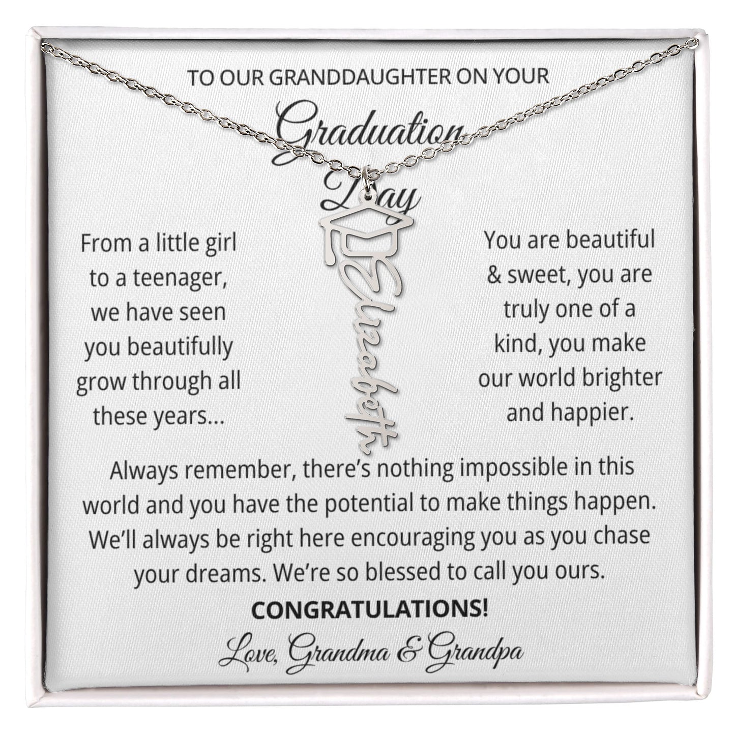 To My Granddaughter Graduation Gift 2026 | Meaningful Graduation Cap Name Necklace from Grandma and Grandpa