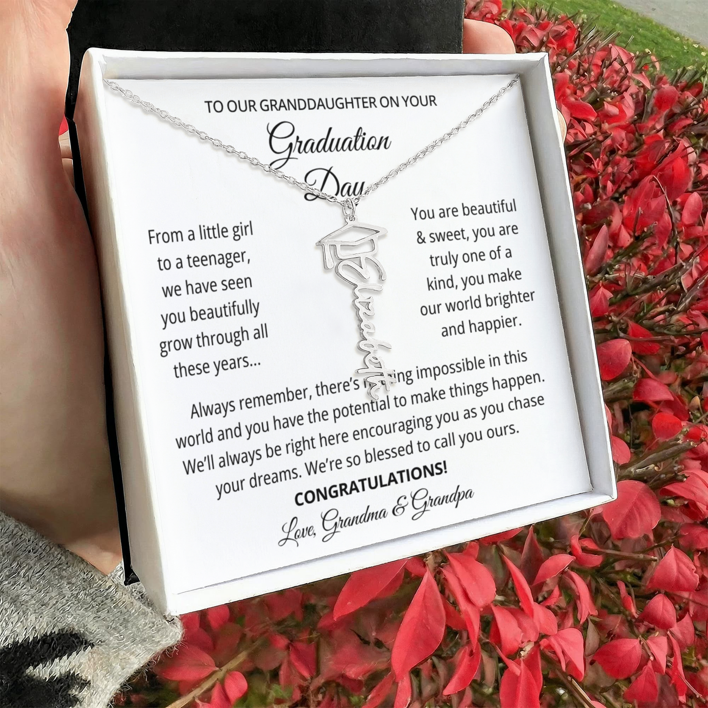 To My Granddaughter Graduation Gift 2026 | Meaningful Graduation Cap Name Necklace from Grandma and Grandpa
