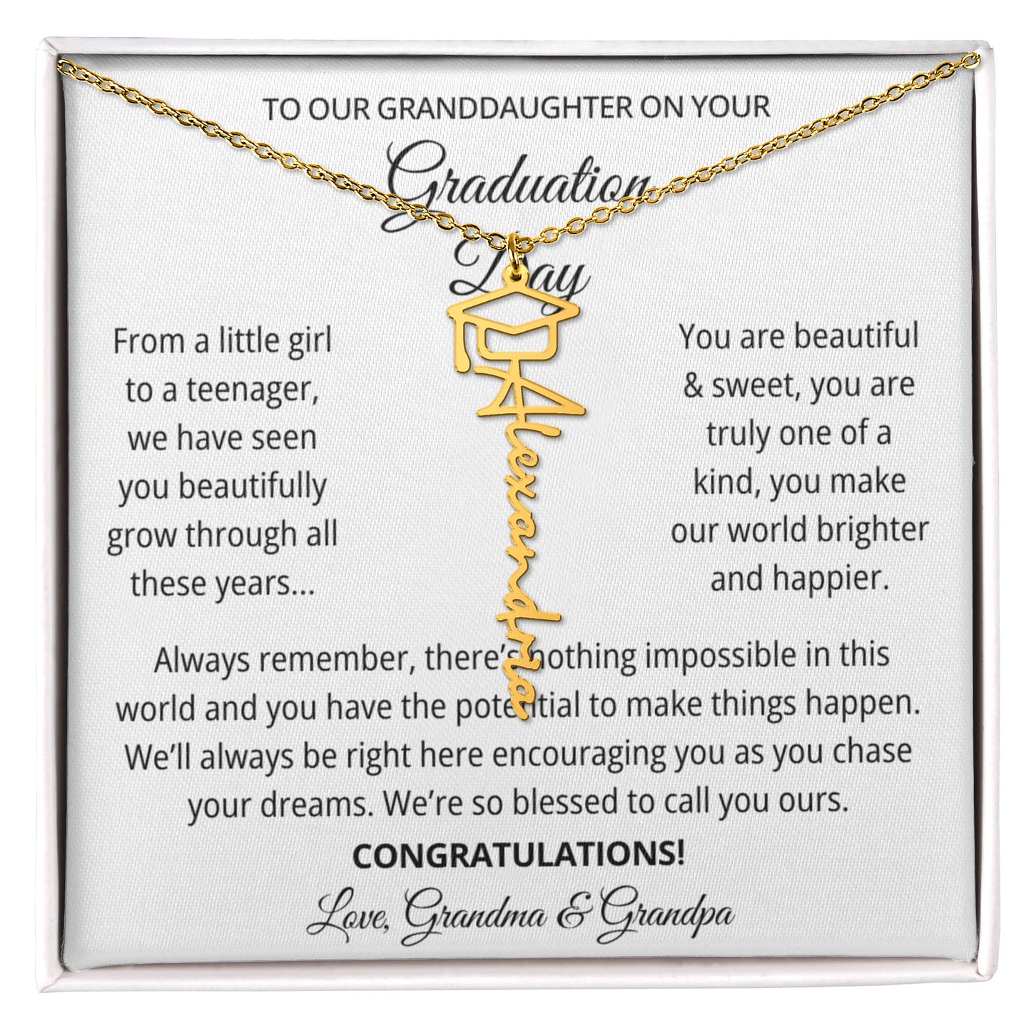 To My Granddaughter Graduation Gift 2026 | Meaningful Graduation Cap Name Necklace from Grandma and Grandpa