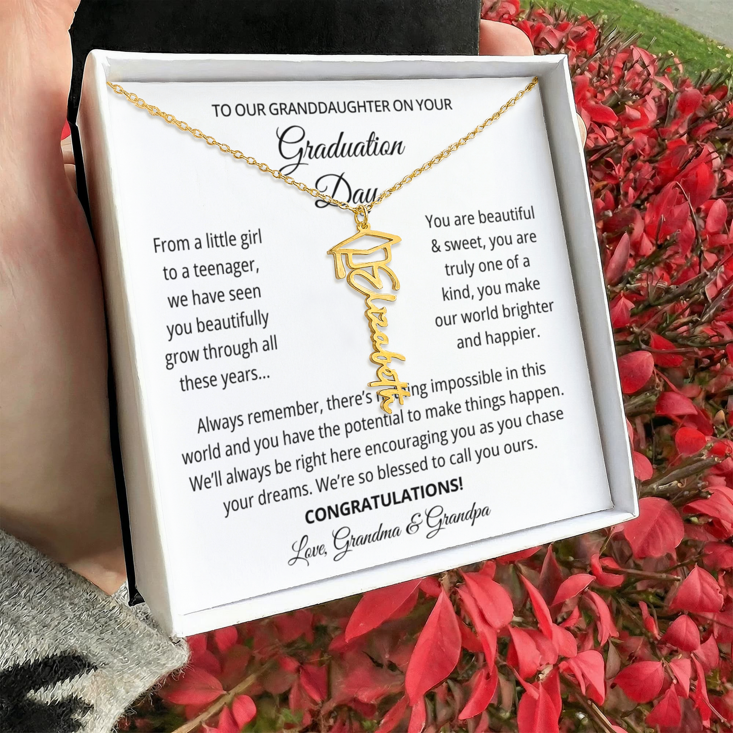 To My Granddaughter Graduation Gift 2026 | Meaningful Graduation Cap Name Necklace from Grandma and Grandpa