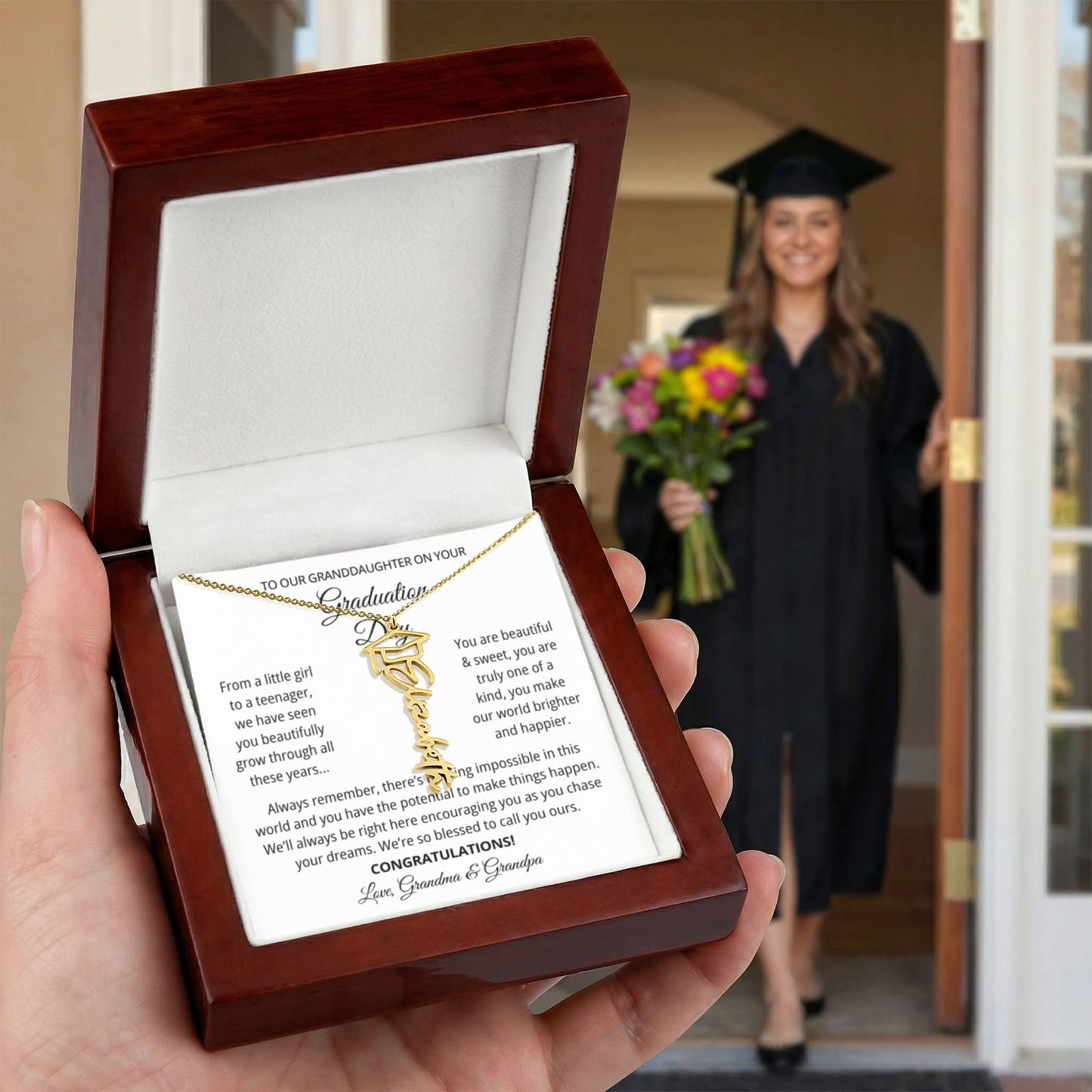To My Granddaughter Graduation Gift 2026 | Meaningful Graduation Cap Name Necklace from Grandma and Grandpa