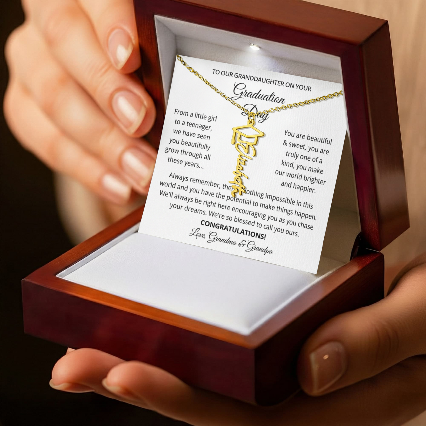 To My Granddaughter Graduation Gift 2026 | Meaningful Graduation Cap Name Necklace from Grandma and Grandpa