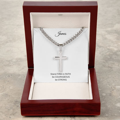 Mens Personalized Cross Necklace with Cuban link Chain and Meaningful Keepsake Card