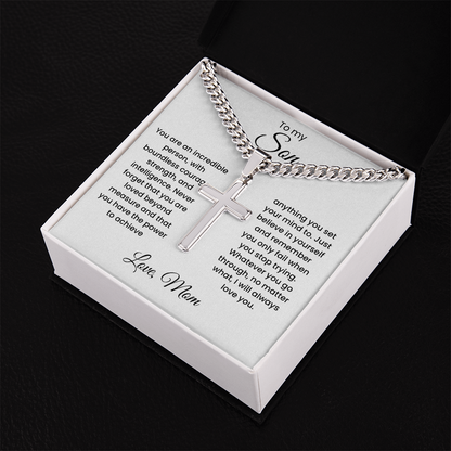 Cross Cuban Link Chain for Son from Mom & Dad With Message Card and Gift Box