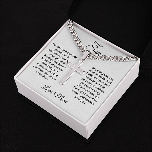 Cross Cuban Link Chain for Son from Mom & Dad With Message Card and Gift Box