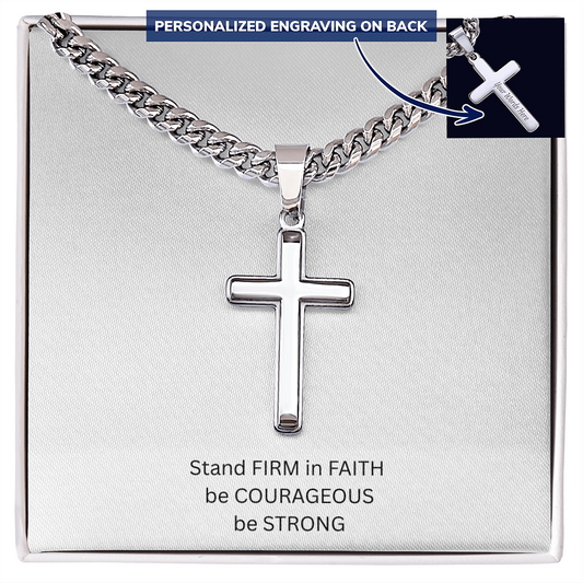Mens Personalized Cross Necklace with Cuban link Chain and Meaningful Keepsake Card