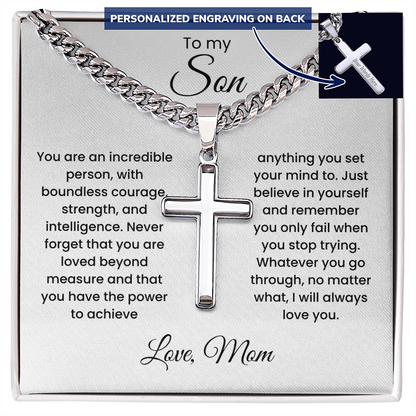 Cross Cuban Link Chain for Son from Mom & Dad With Message Card and Gift Box