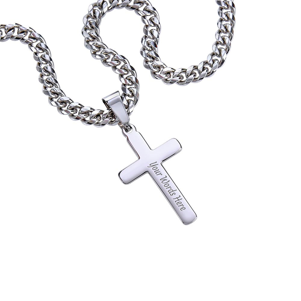 Mens Personalized Cross Necklace with Cuban link Chain and Meaningful Keepsake Card