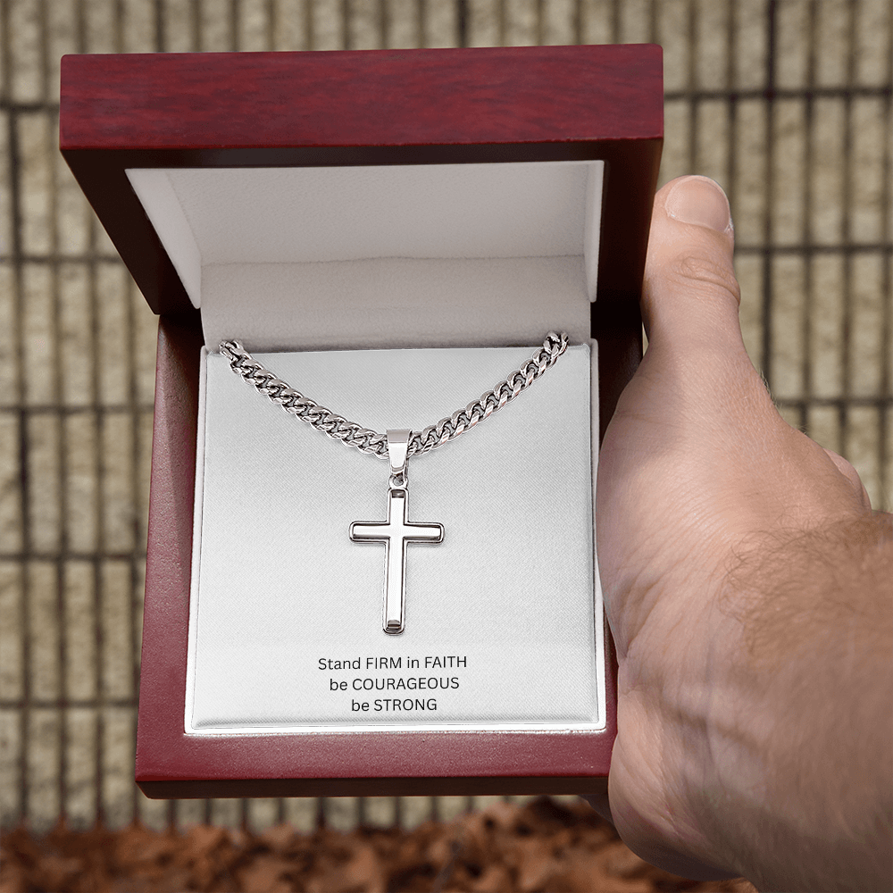 Mens Personalized Cross Necklace with Cuban link Chain and Meaningful Keepsake Card