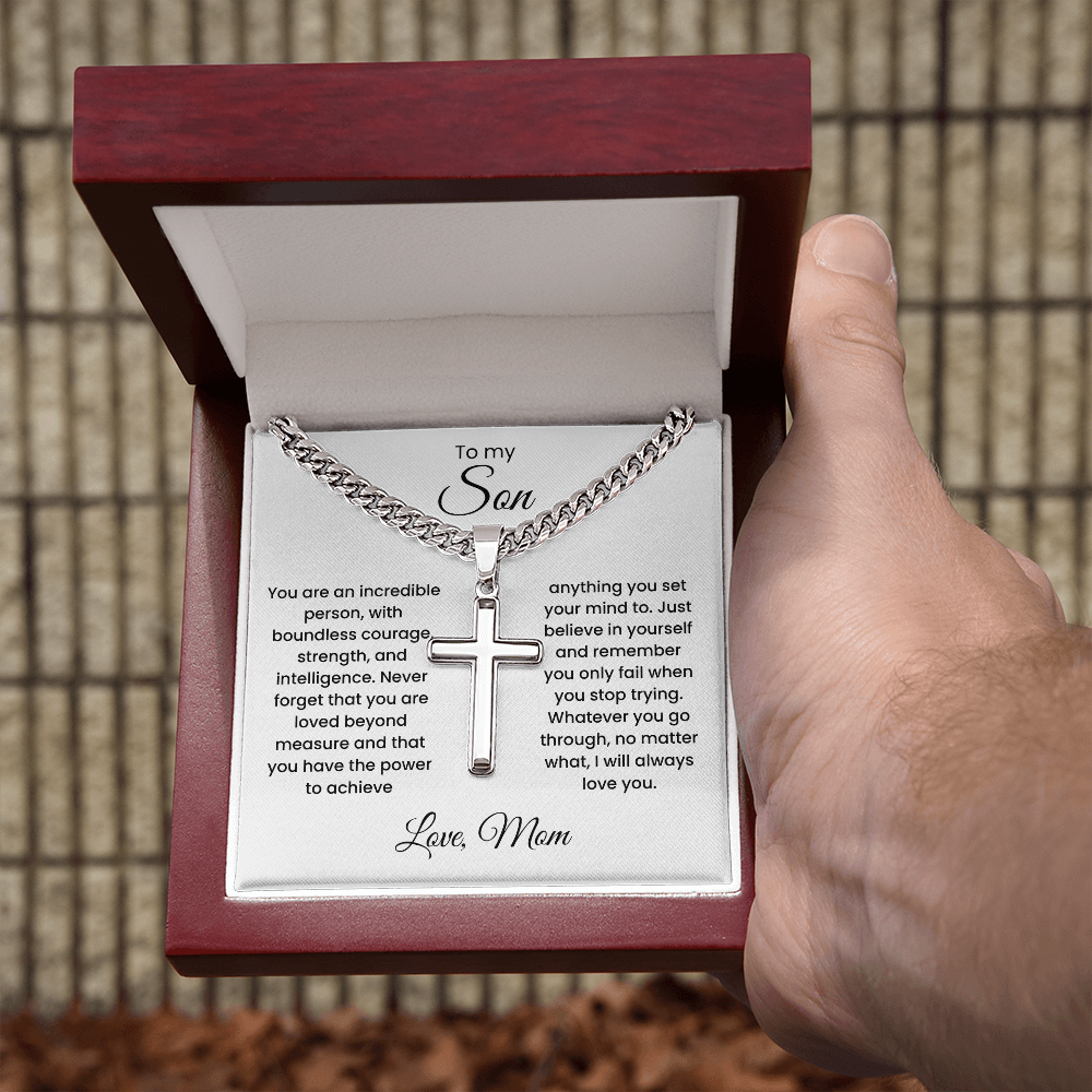 Cross Cuban Link Chain for Son from Mom & Dad With Message Card and Gift Box