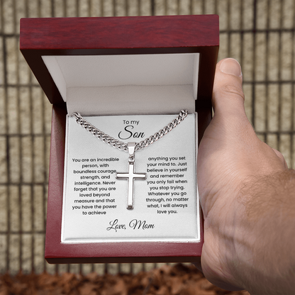 Cross Cuban Link Chain for Son from Mom & Dad With Message Card and Gift Box