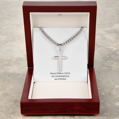 Mens Personalized Cross Necklace with Cuban link Chain and Meaningful Keepsake Card