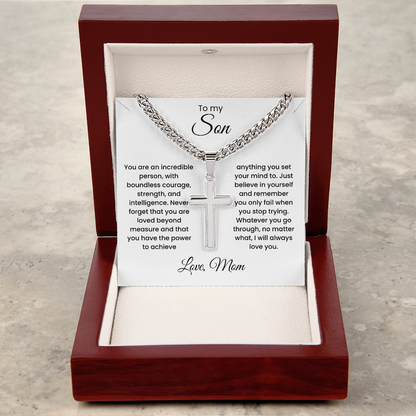 Cross Cuban Link Chain for Son from Mom & Dad With Message Card and Gift Box