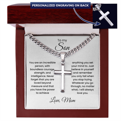 Cross Cuban Link Chain for Son from Mom & Dad With Message Card and Gift Box