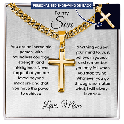 Cross Cuban Link Chain for Son from Mom & Dad With Message Card and Gift Box