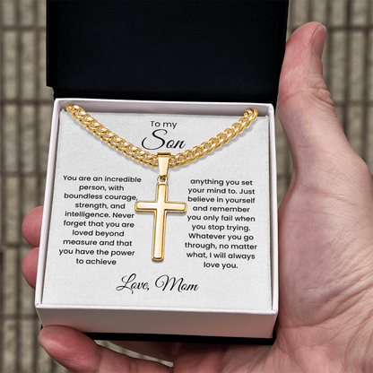 Cross Cuban Link Chain for Son from Mom & Dad With Message Card and Gift Box