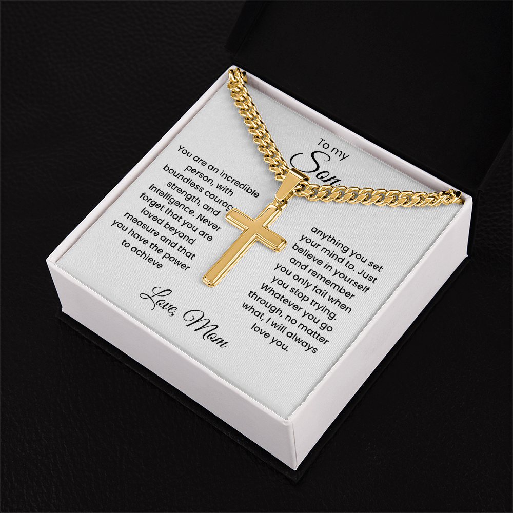 Cross Cuban Link Chain for Son from Mom & Dad With Message Card and Gift Box
