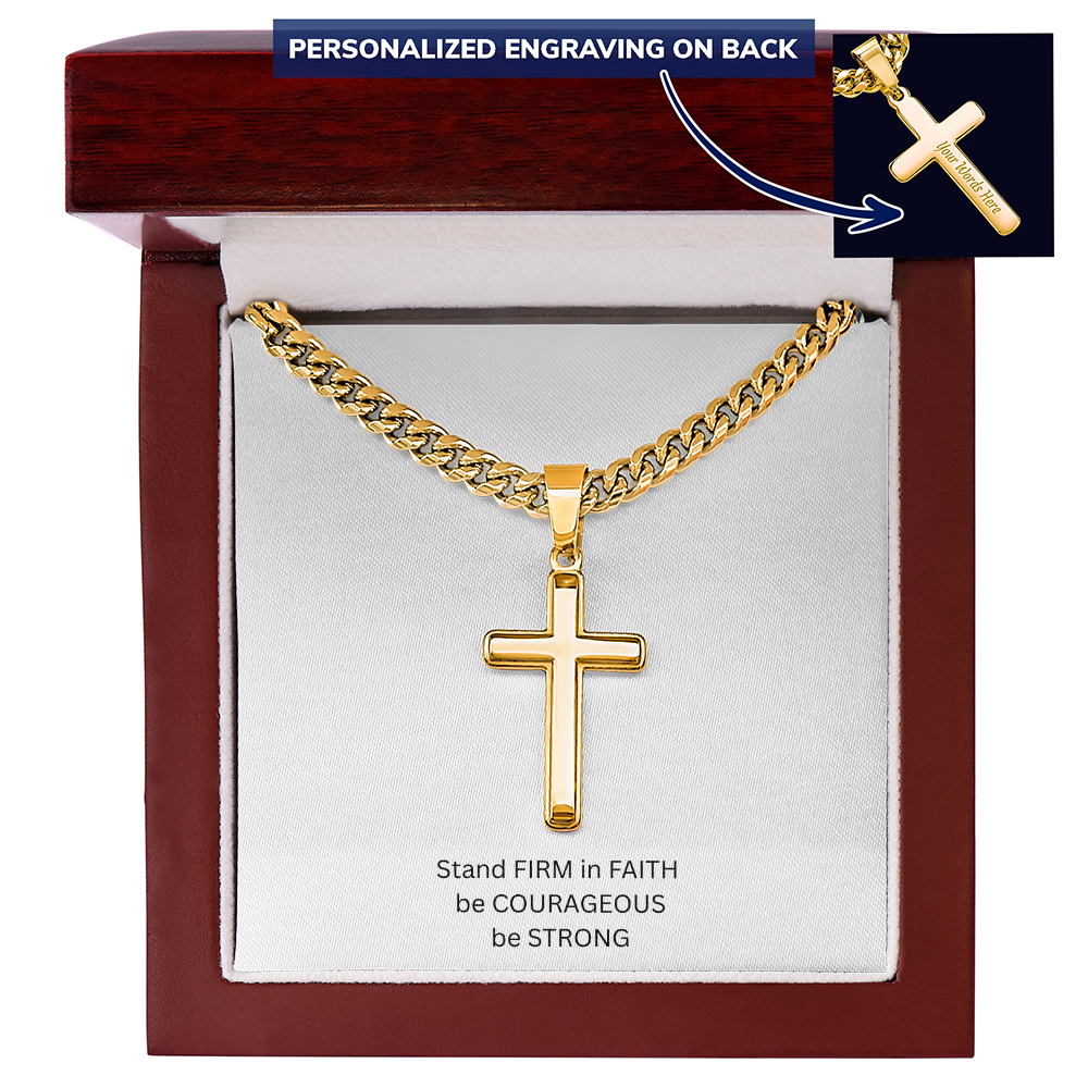 Mens Personalized Cross Necklace with Cuban link Chain and Meaningful Keepsake Card