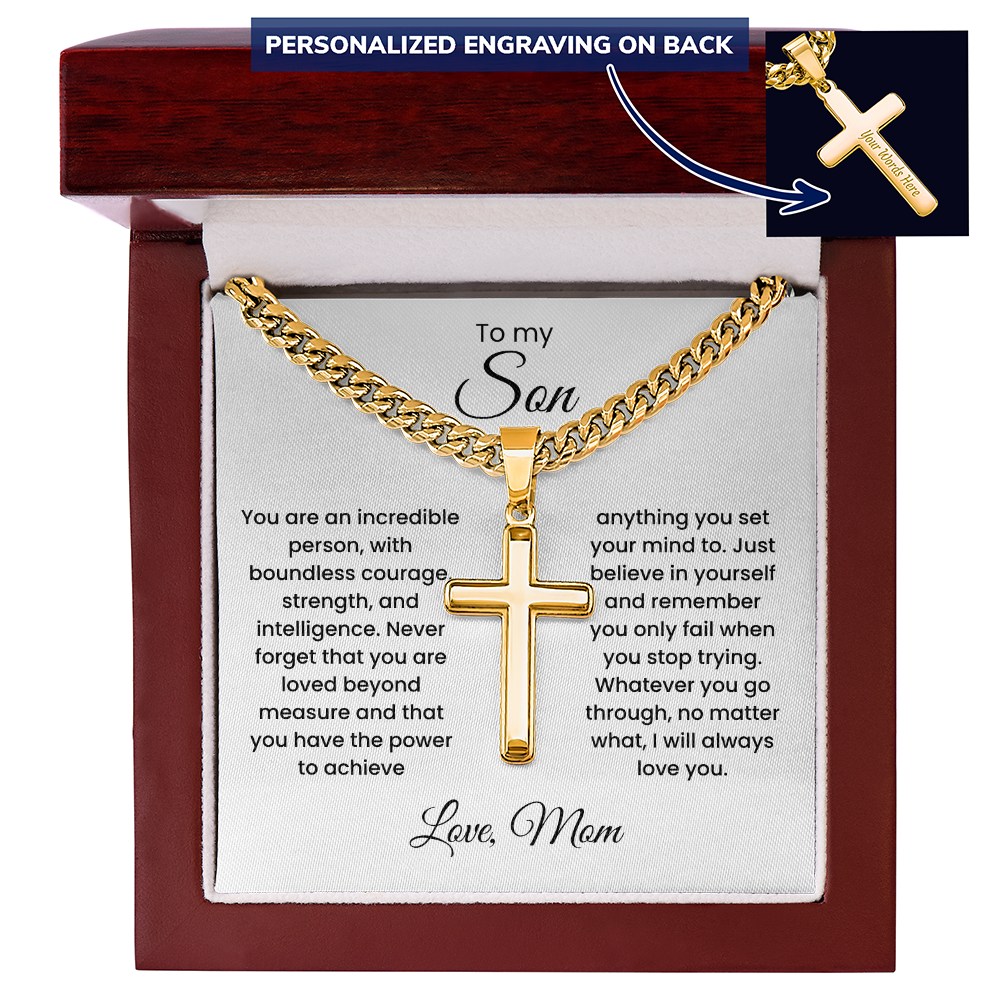Cross Cuban Link Chain for Son from Mom & Dad With Message Card and Gift Box