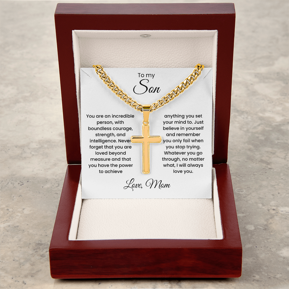 Cross Cuban Link Chain for Son from Mom & Dad With Message Card and Gift Box