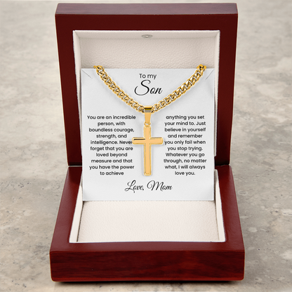 Cross Cuban Link Chain for Son from Mom & Dad With Message Card and Gift Box