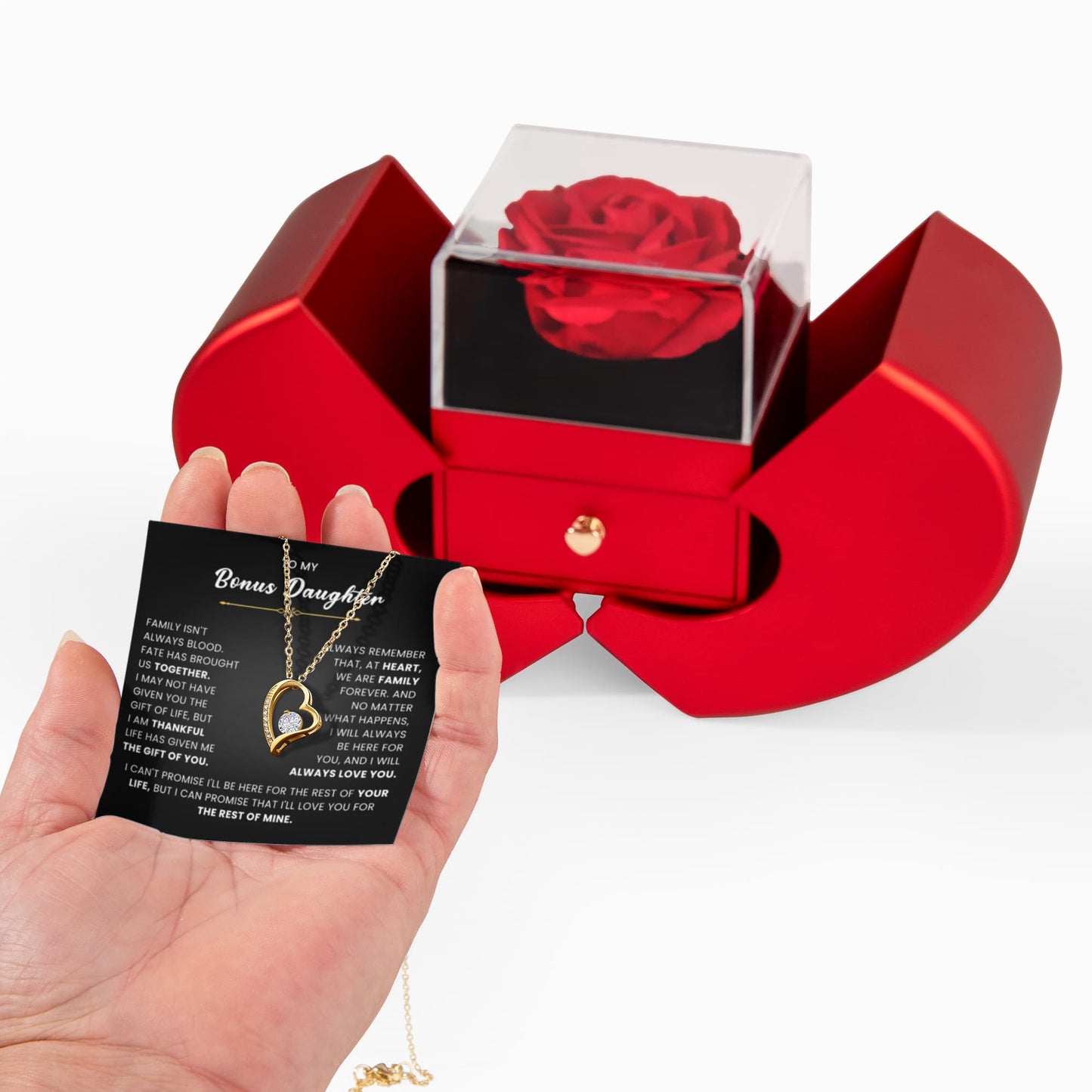 To My Bonus Daughter Necklace – Heart Rose Box Gift from Mom or Dad