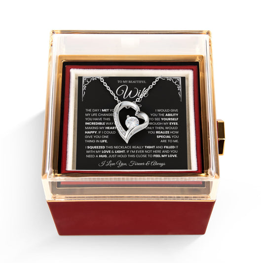 Interlocking Hearts Wife Necklace | Message Card Gift with Rotating Rose Gift Box