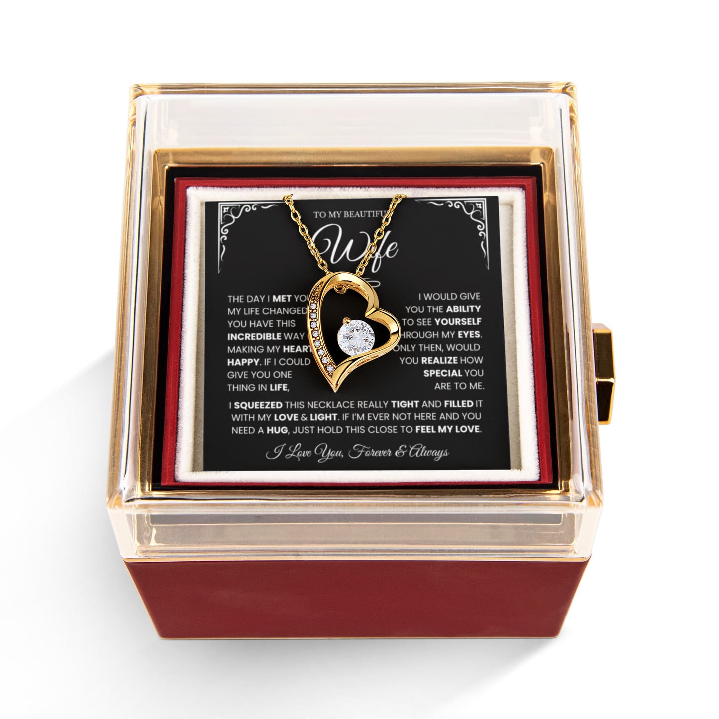 Interlocking Hearts Wife Necklace | Message Card Gift with Rotating Rose Gift Box