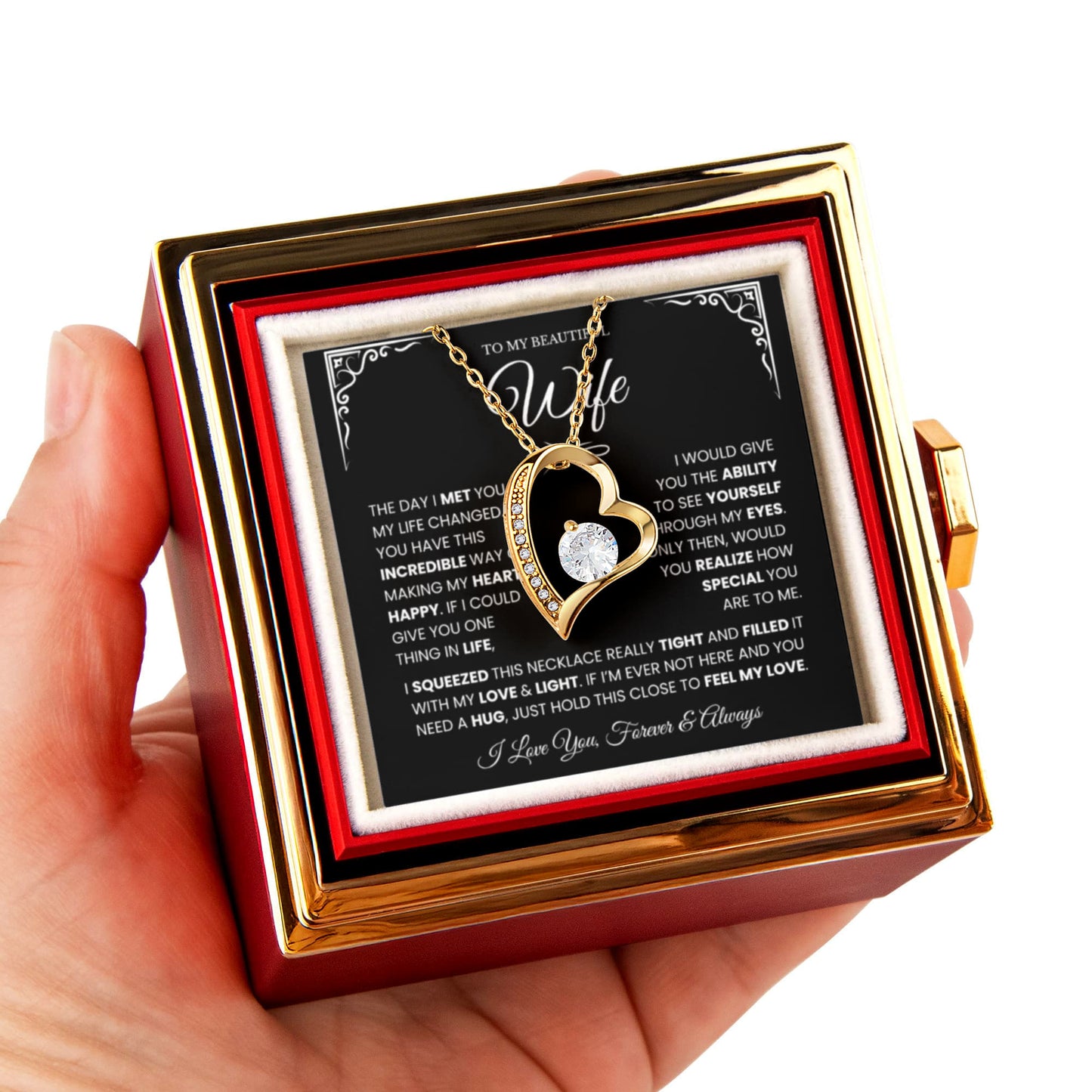 Interlocking Hearts Wife Necklace | Message Card Gift with Rotating Rose Gift Box