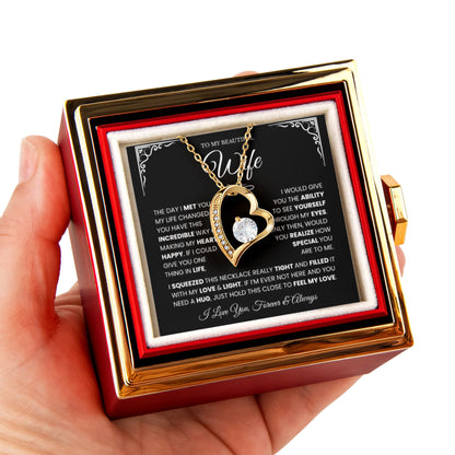 Interlocking Hearts Wife Necklace | Message Card Gift with Rotating Rose Gift Box