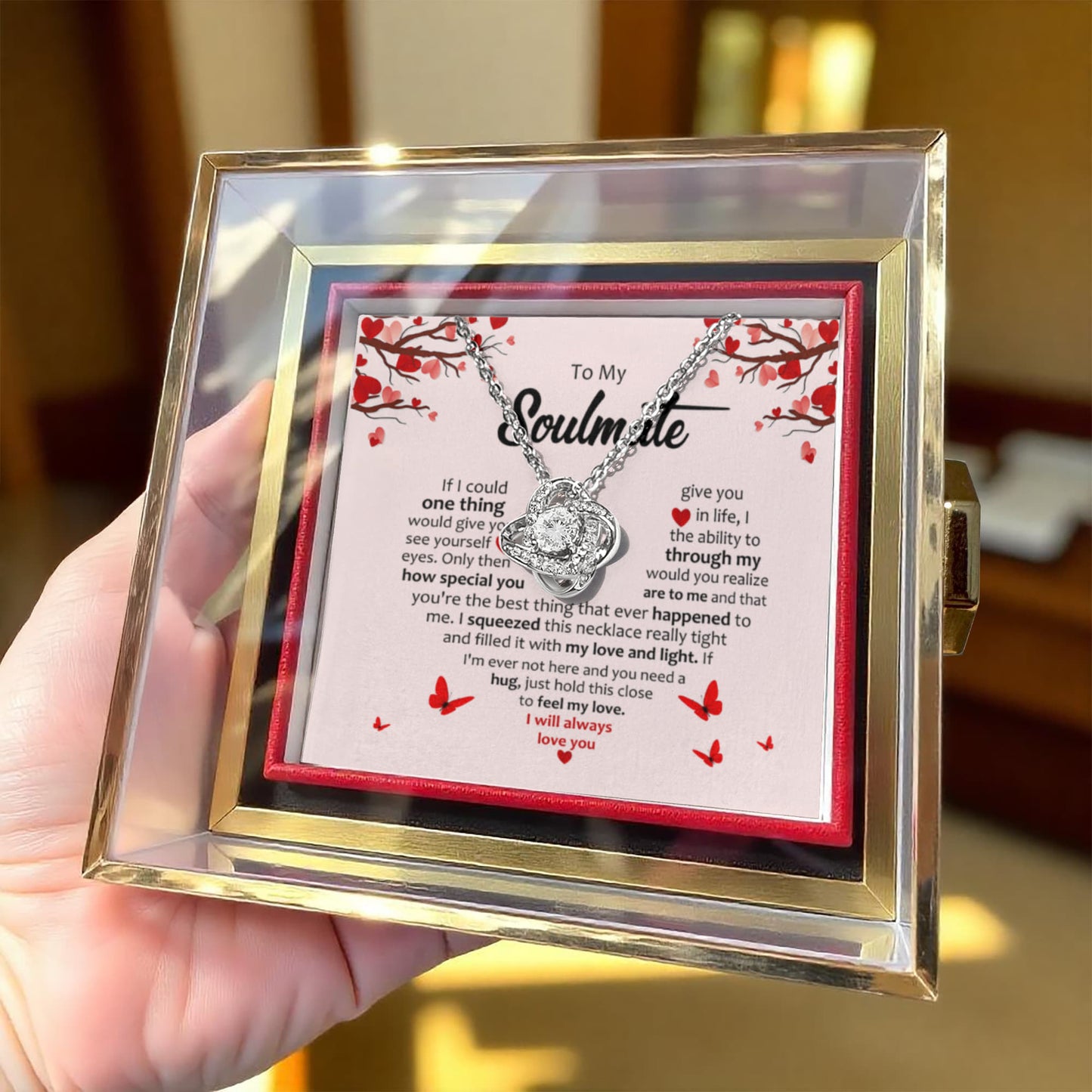 Gifts for Soulmate - Love Knot Necklace - Rotating Rose Box