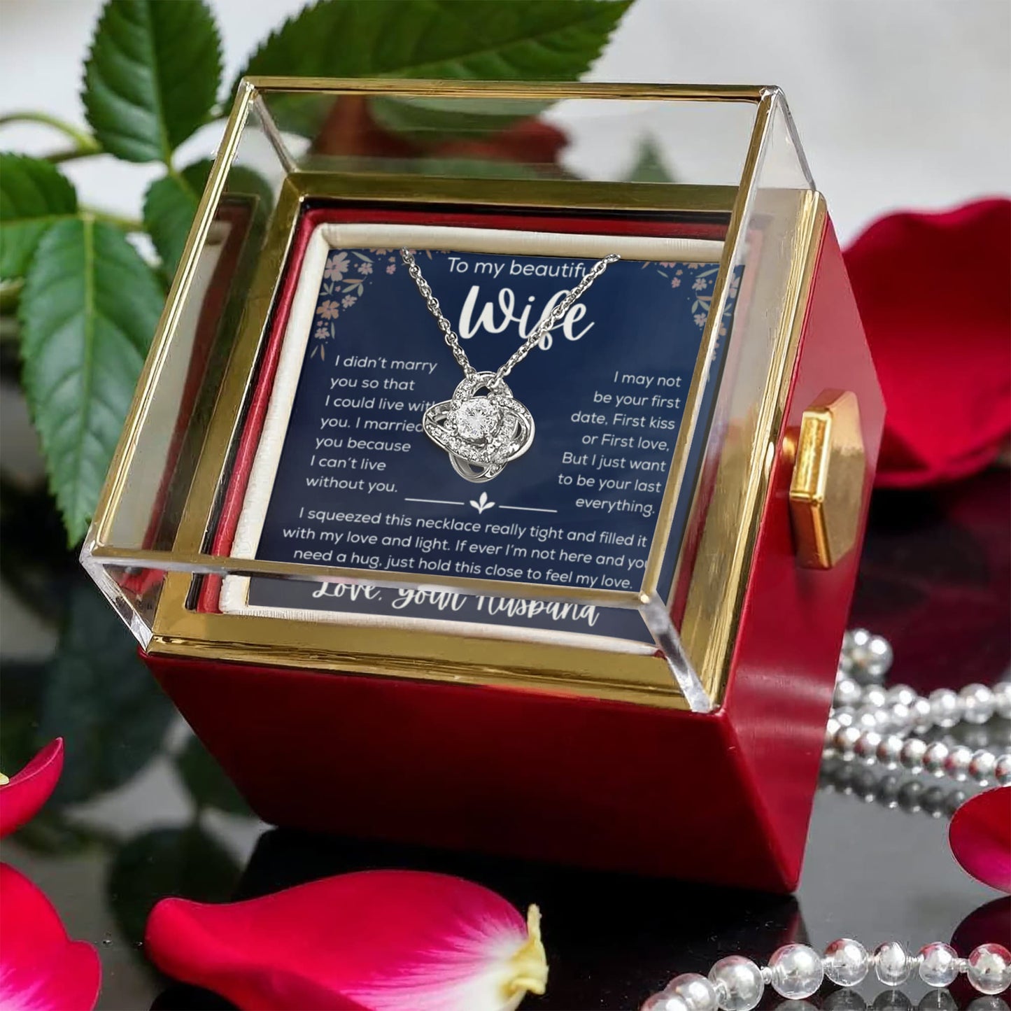 To My Wife Necklace Gift for Wife Anniversary Birthday Message Card Jewelry - Romantic Gift from Husband to Wife - Rotating Rose Box