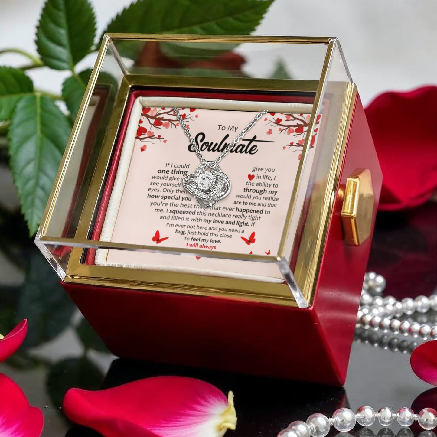 Gifts for Soulmate - Love Knot Necklace - Rotating Rose Box