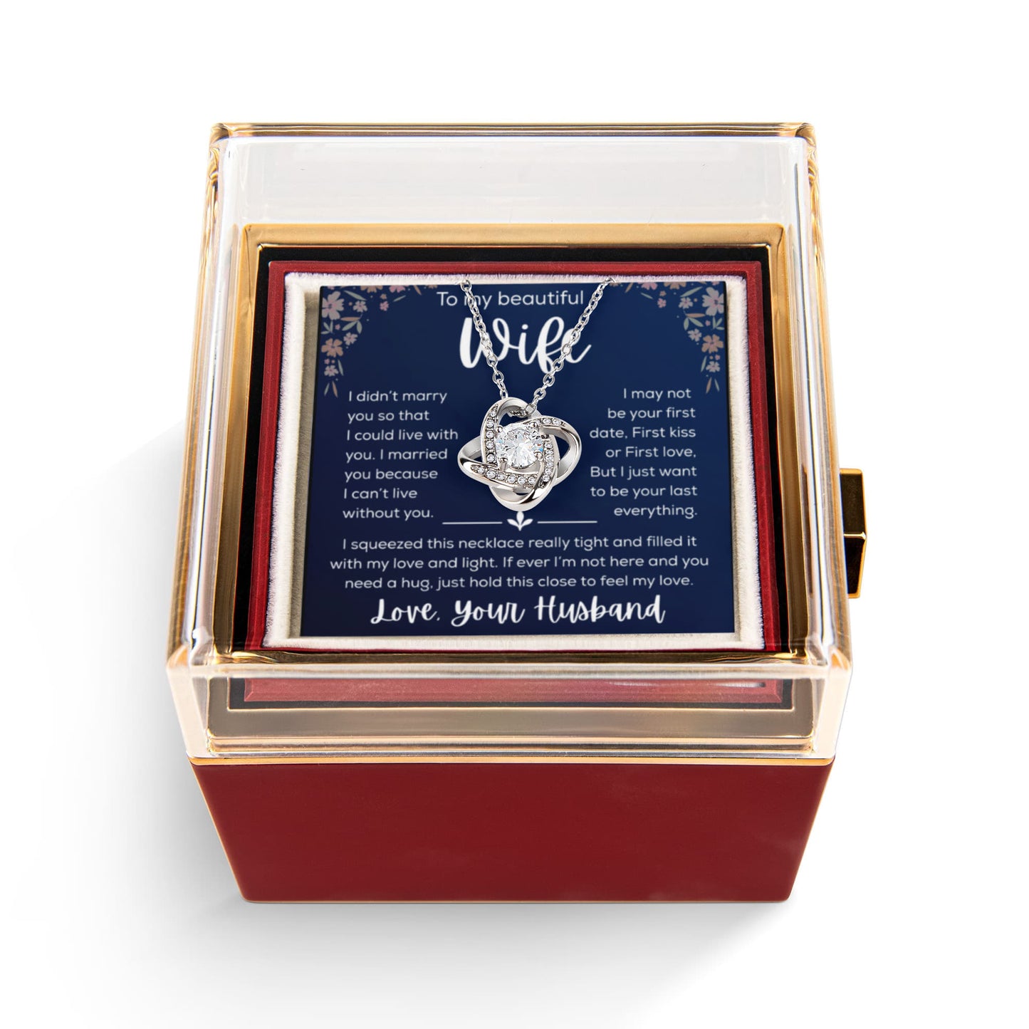 To My Wife Necklace Gift for Wife Anniversary Birthday Message Card Jewelry - Romantic Gift from Husband to Wife - Rotating Rose Box